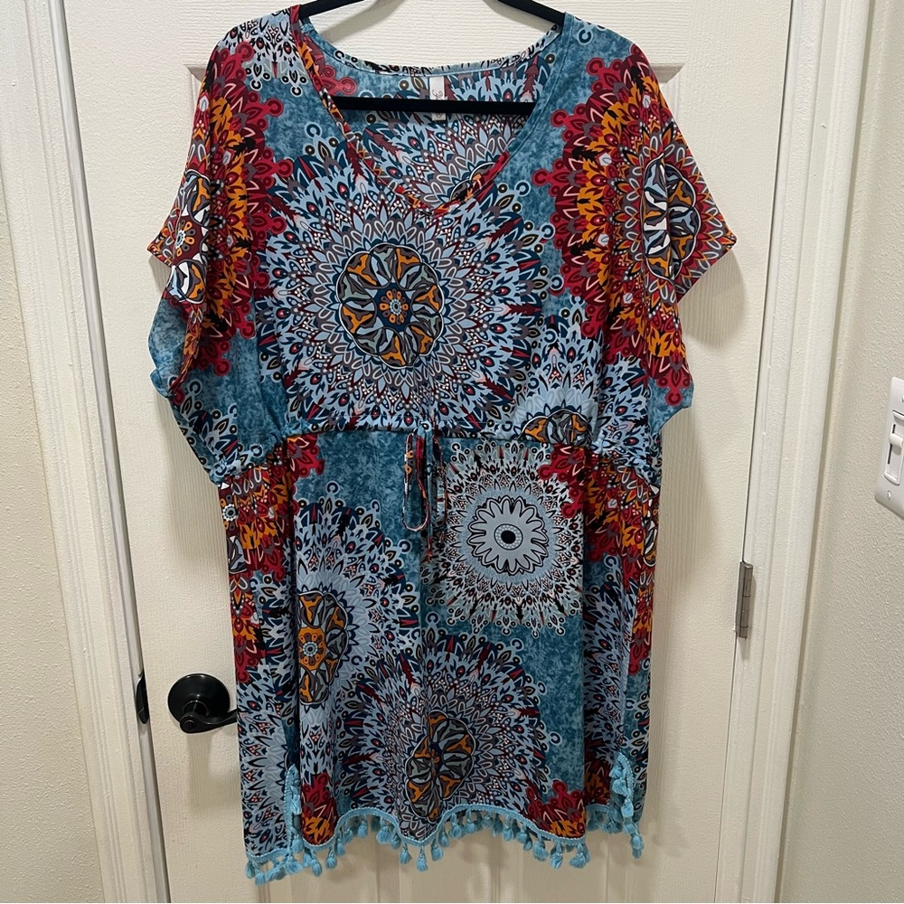 Yincro Women’s Boho Tassel Swimsuit Coverup – Blue Mandala Print – Plus Size 2XL